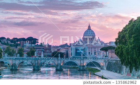 St. Peter's Basilica, Saint Angelo Bridge and Tiber River in the sunset timelapse St. Peter's Basilica, Saint Angelo Bridge and Tiber River in the sunset timelapse 135862962