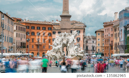Piazza Navona, the fountain of four rivers timelapse designed by G.L.Bernini. Piazza Navona, the fountain of four rivers timelapse designed by G.L.Bernini. 135862965