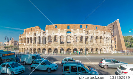The Colosseum or Coliseum timelapse hyperlapse, also known as the Flavian Amphitheatre in Rome, Italy 135862989