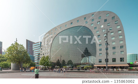 Hyperlapse of the Rotterdamse Markthal's exterior with shops and restaurants. Netherlands Hyperlapse of the Rotterdamse Markthal's exterior with shops and restaurants. Netherlands 135863002