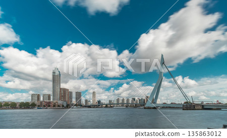 Erasmus Bridge timelapse hyperlapse, spanning the Maas River in Rotterdam, Netherlands 135863012