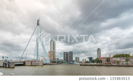 Erasmus Bridge timelapse hyperlapse, spanning the Maas River in Rotterdam, Netherlands 135863013