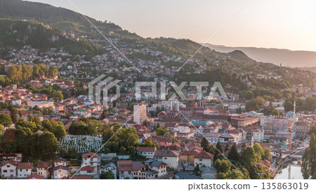 Panoramic aerial cityscape of the historical downtown of Sarajevo timelapse Panoramic aerial cityscape of the historical downtown of Sarajevo timelapse 135863019