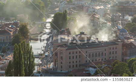 Panoramic aerial cityscape of the historical downtown of Sarajevo timelapse Panoramic aerial cityscape of the historical downtown of Sarajevo timelapse 135863027