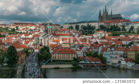 Charles Bridge and Prague Castle timelapse, view from the Bridge tower, Czech Republic 135863072