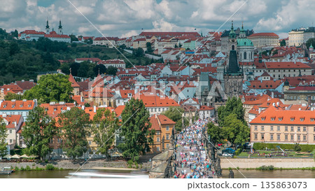 Charles Bridge and Prague Castle timelapse, view from the Bridge tower, Czech Republic 135863073