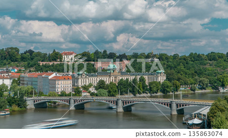 view of the manes bridge with a building of the czech parliament behind it timelapse from Old Town Bridge Tower. 135863074