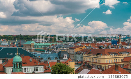 Red roofs of the city Prague timelapse shot from the high point on Old Town Bridge Tower 135863075