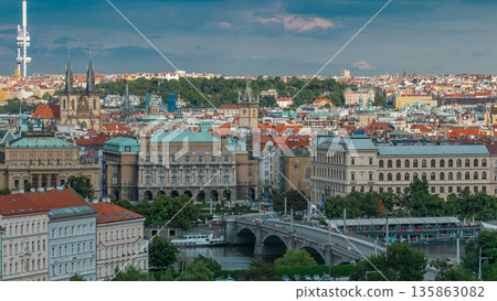 Beautiful View On Prague In Czech Republic timelapse With Flowing River Vltava And With Zizkov Television Tower In Background Beautiful View On Prague In Czech Republic timelapse With Flowing River Vltava And With Zizkov Television Tower In Background 135863082