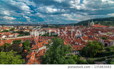 Panorama of Prague Old Town with red roofs timelapse, famous Charles bridge and Vltava river, Czech Republic. Panorama of Prague Old Town with red roofs timelapse, famous Charles bridge and Vltava river, Czech Republic. 135863083
