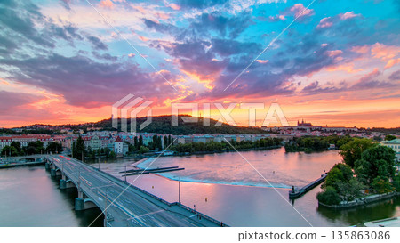 The View on Prague Hill Petrin timelapse with Owl's Mills after Sunset with beautiful colorful sky, Czech Republic 135863086