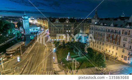 Sitkovska water-tower night timelapse and traffic on road in old city center of Prague. Sitkovska water-tower night timelapse and traffic on road in old city center of Prague. 135863088