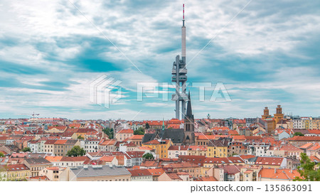 Timelapse view from the top of the Vitkov Memorial on the Prague landscape on a sunny day with the famous Zizkov TV tower on the horizon Timelapse view from the top of the Vitkov Memorial on the Prague landscape on a sunny day with the famous Zizkov TV tower on the horizon 135863091