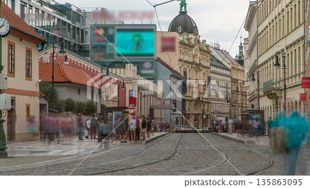 One of the symbol of Prague a tram - street car turning in Old Town by Prague Namesti Republiky station timelapse. Prague, Czech Republic One of the symbol of Prague a tram - street car turning in Old Town by Prague Namesti Republiky station timelapse. Prague, Czech Republic 135863095