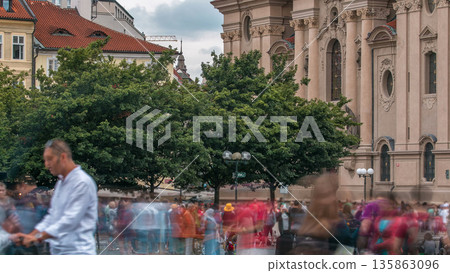 The Church of St. Nicholas behind the trees timelapse in Prague, Czech Republic 135863096