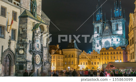 Night time illuminations of the the Old Town Hall timelapse, Town Square and fairy tale Church of our Lady Tyn Night time illuminations of the the Old Town Hall timelapse, Town Square and fairy tale Church of our Lady Tyn 135863099