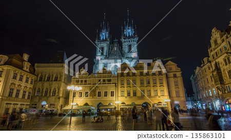 Night time illuminations of the magical Old Town Square timelapse hyperlapse in Prague 135863101