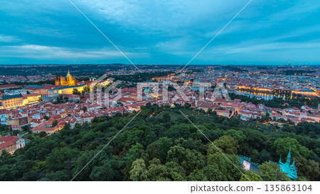 Wonderful day to night timelapse View To The City Of Prague From Petrin Observation Tower In Czech Republic 135863104