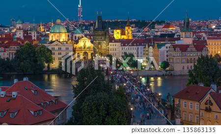 Aerial view of the Old Town architecture and Charles Bridge over Vltava river day to night timelapse in Praha Aerial view of the Old Town architecture and Charles Bridge over Vltava river day to night timelapse in Praha 135863135