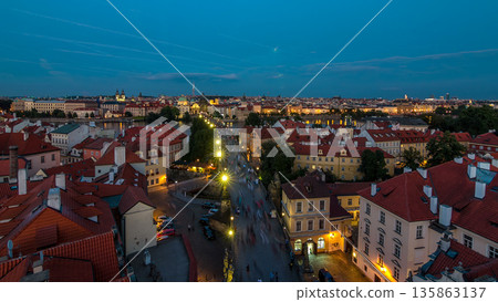 Aerial view of the Old Town architecture and Charles Bridge over Vltava river day to night timelapse in Praha 135863137