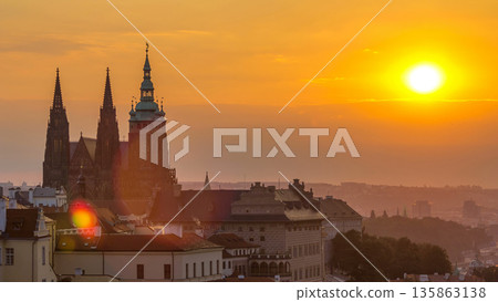A beautiful view of Prague at sunrise on a misty morning timelapse. A beautiful view of Prague at sunrise on a misty morning timelapse. 135863138
