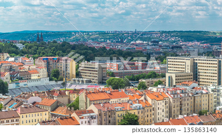 Panoramic view of Prague timelapse from the top of the Vitkov Memorial, Czech Republic 135863140