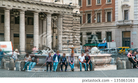 Tourists on fountain in Piazza Colonna timelapse near Galleria Alberto Sordi in Rome 135863163