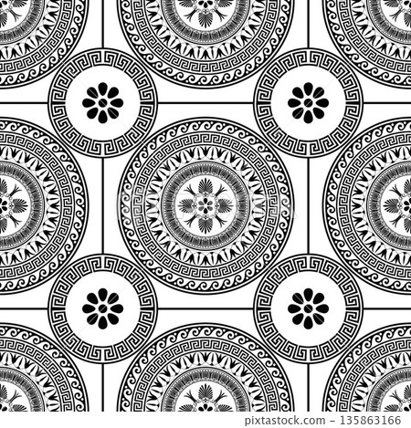 Greek vector seamless pattern. Black and white ornamental background. Greek key, meanders, circles, flowers. Greek key, meanders, circles, tile, textile 135863166