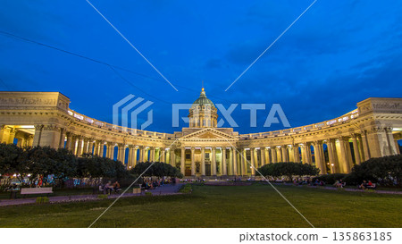 Kazan Cathedral Kazanskiy Kafedralniy Sobor in St. Petersburg during the White Nights in the summer timelapse hyperlapse 135863185