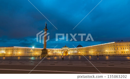 Palace Square night lights view of Alexander Column night to day timelapse hyperlapse in St. Petersburg, Russia. Palace Square night lights view of Alexander Column night to day timelapse hyperlapse in St. Petersburg, Russia. 135863202