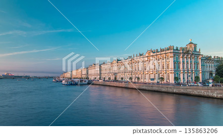 The winter Palace timelapse hyperlapse and pier on the Palace embankment clear day in summer in Saint-Petersburg 135863206