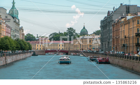 Traffic of touristic cruise boats on the Moyka River timelapse in Saint-Petersburg, Russia. Traffic of touristic cruise boats on the Moyka River timelapse in Saint-Petersburg, Russia. 135863216