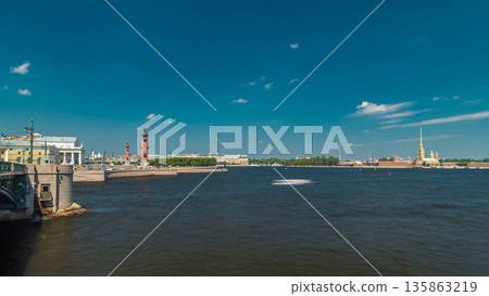 Strelka - Spit of Vasilyevsky Island with the Old Stock Exchange and Rostral Columns timelapse in Saint Petersburg, Russia Strelka - Spit of Vasilyevsky Island with the Old Stock Exchange and Rostral Columns timelapse in Saint Petersburg, Russia 135863219