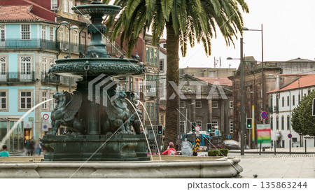 Fountain near the plaza where is located Carmo church in Porto, Portugal timelapse 135863244