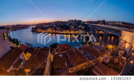 Panorama of old city Porto at river Duoro after sunset day to night timelapse, Oporto, Portugal 135863263