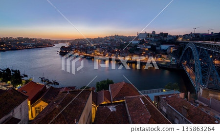 Panorama of old city Porto at river Duoro after sunset day to night timelapse, Oporto, Portugal Panorama of old city Porto at river Duoro after sunset day to night timelapse, Oporto, Portugal 135863264
