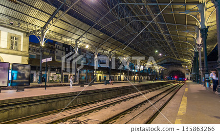 Train at platform of Sao Bento Train Station timelapse in Porto, Portugal. 135863266