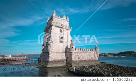 Belem Tower is a fortified tower located in the civil parish of Santa Maria de Belem in Lisbon, Portugal timelapse hyperlapse 135863282