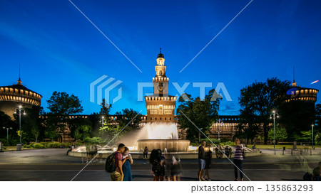 Main entrance to the Sforza Castle and tower - Castello Sforzesco day to night timelapse, Milan, Italy Main entrance to the Sforza Castle and tower - Castello Sforzesco day to night timelapse, Milan, Italy 135863293