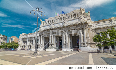 Front view of Milan antique central railway station timelapse hyperlapse. Front view of Milan antique central railway station timelapse hyperlapse. 135863299