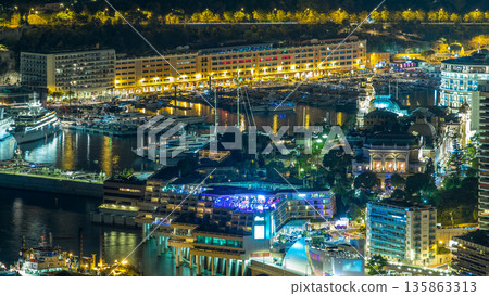 Aerial top view of Monaco from the grand corniche road night timelapse, Monaco France 135863313