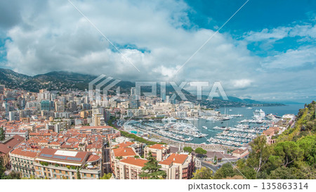 Monte Carlo city aerial panorama timelapse. View of luxury yachts and apartments in harbor of Monaco, Cote d'Azur. 135863314