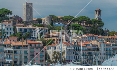 View of medieval Castre Castle and harbor with yachts timelapse. View of medieval Castre Castle and harbor with yachts timelapse. 135863328