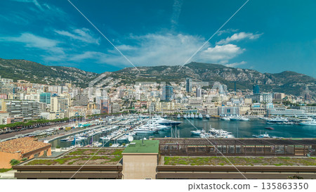 Monte Carlo city aerial panorama timelapse hyperlapse. Port Hercule from top. Monte Carlo city aerial panorama timelapse hyperlapse. Port Hercule from top. 135863350