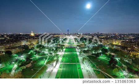 Champs de Mars from the Eiffel tower at night with rising Moon timelapse Champs de Mars from the Eiffel tower at night with rising Moon timelapse 135863363
