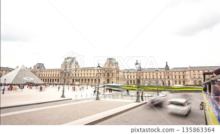 View from moving touristic bus on road and buildings is Paris, France, timelapse. 135863364