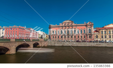 View from the Fontanka River at Beloselsky-Belozersky Sergievskiy Palace timelapse hyperlapse. View from the Fontanka River at Beloselsky-Belozersky Sergievskiy Palace timelapse hyperlapse. 135863366
