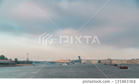 View of the Trinity Bridge in St. Petersburg over the Neva River timelapse. 135863368