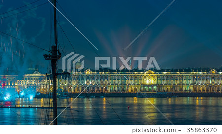 Fireworks timelapse over the city of St. Petersburg Russia on the feast of Scarlet Sails, view from rooftop. 135863370