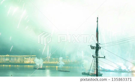 Fireworks timelapse over the city of St. Petersburg Russia on the feast of Scarlet Sails, view from rooftop. Fireworks timelapse over the city of St. Petersburg Russia on the feast of Scarlet Sails, view from rooftop. 135863371